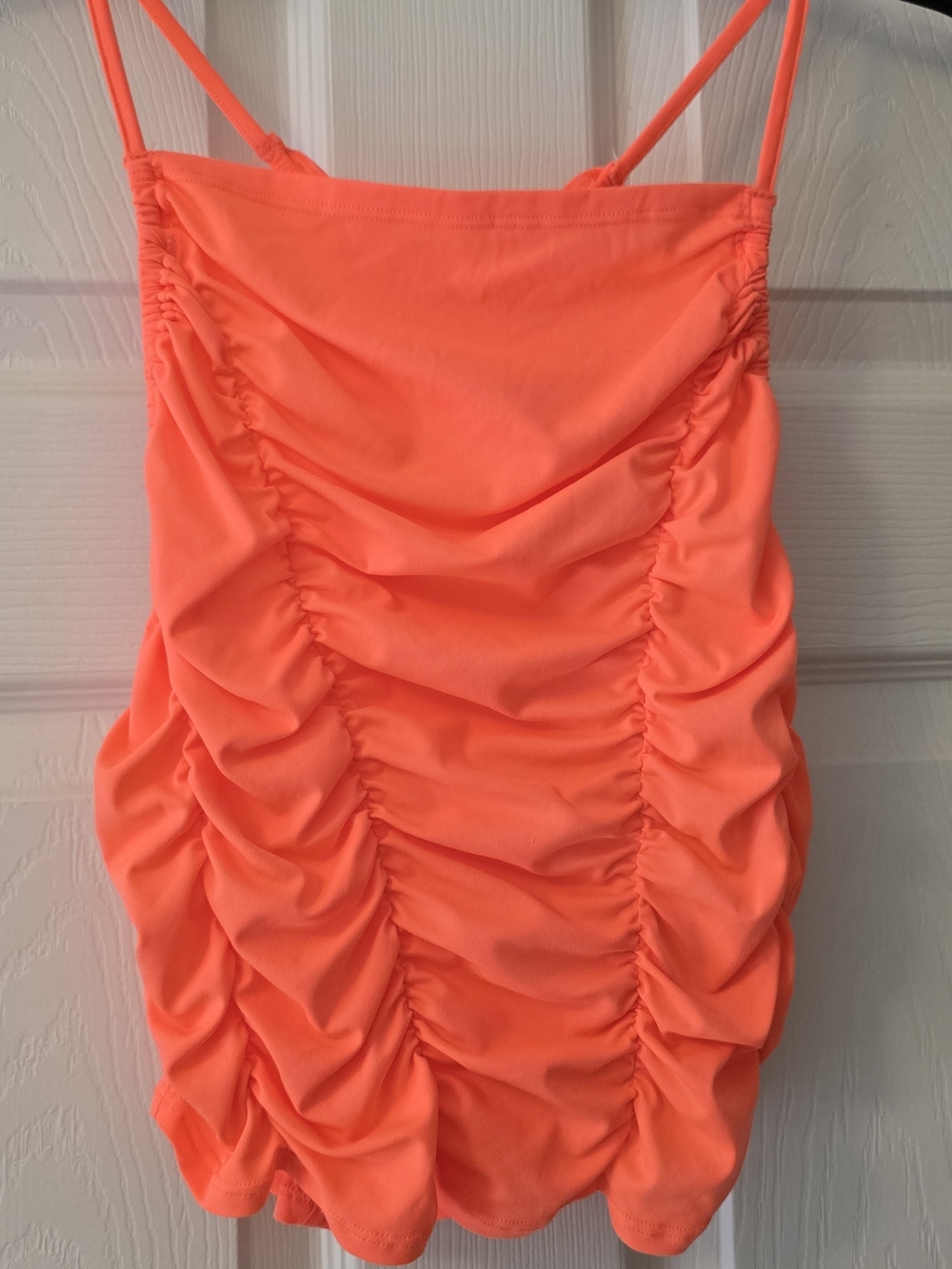Ruche Front Spaghetti Strap Mini Dress in Neon Coral